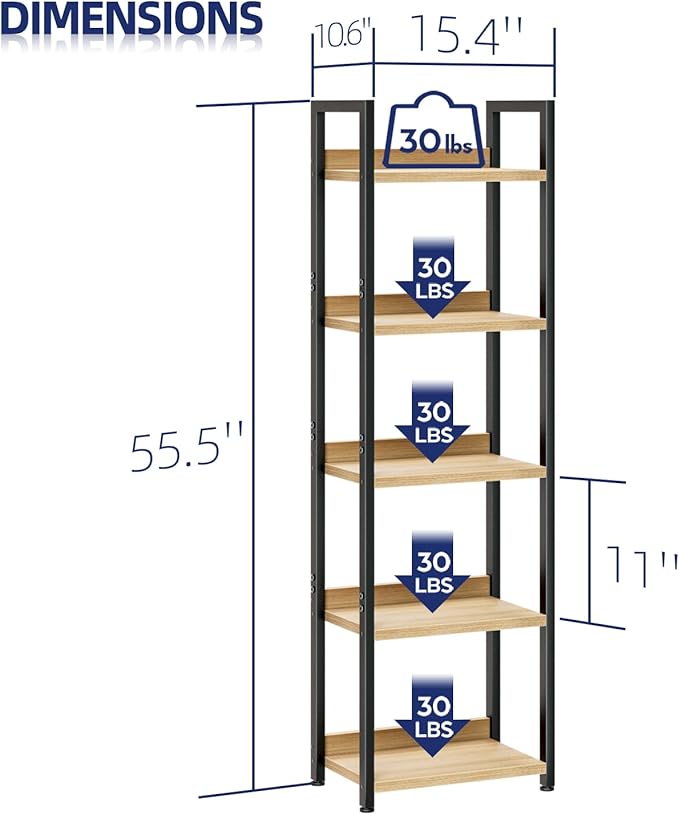 NUMENN Narrow Bookshelf, 5 Tier Bookshelves, Home Office Bookcase Shelf Storage Organizer, Free Standing Storage Shelving Unit for Bedroom, Living Room and Home Office, Natural-Ruum Studio Home