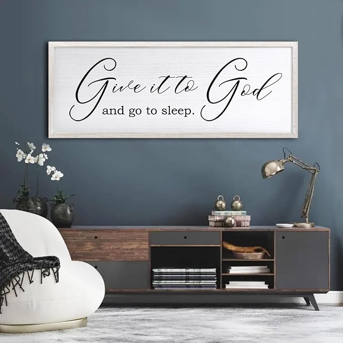 Give It To God And Go To Sleep Sign Wall Decor 40x15 Inch Large Farmhouse Master Bedroom Above Bed Hanging Wall Art Rustic Guest Room Wood Framed Over Bed Wall Decoration (White)-Ruum Studio Home