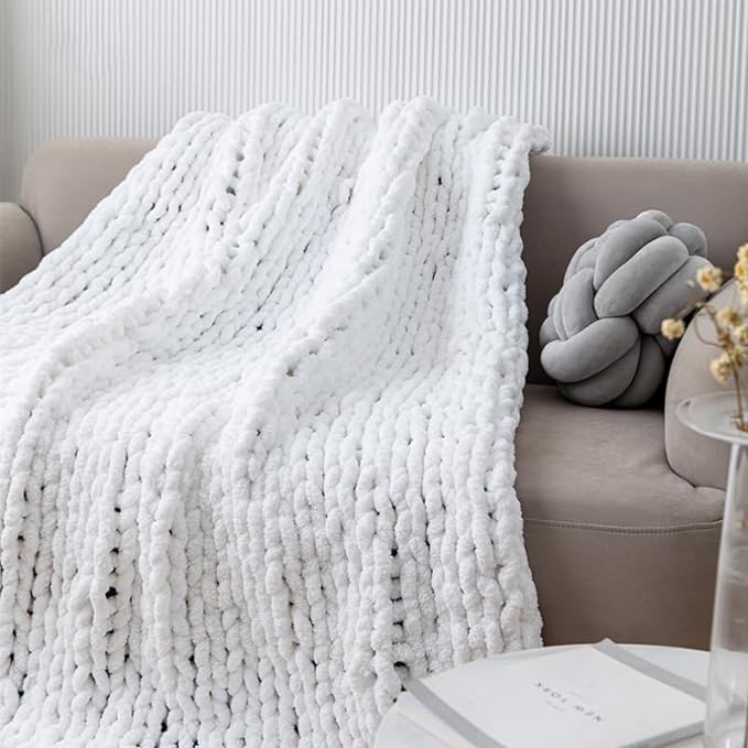 Chunky Knit Blanket Throw 40"*60", Hand Knitted Warm Chenille Throw Blanket, Home Decor Soft Thick Yarn Cable Knit Blanket, Soft Breathable Fleece Banket Christmas for Couch Bed Sofa Best Gift (White)-Ruum Studio Home