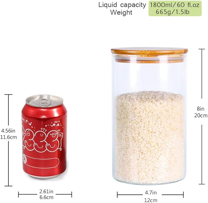 Glass Rice Storage Containers, 60 FL OZ (1800ml) Kitchen Food Jars with Airtight Lid, Stackable Clear Pantry Canister for Coffee Bean, Pet Treat, Flour, Loose Tea and More-Ruum Studio Home