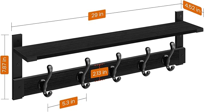 Homode Coat Hanger Wall Mount with Shelf, 29 in Hanging Rack with Storage, Entryway Shelf with Pegs for Hanging Coats, Hats, Towels, Purse, Robes, Black-Ruum Studio Home