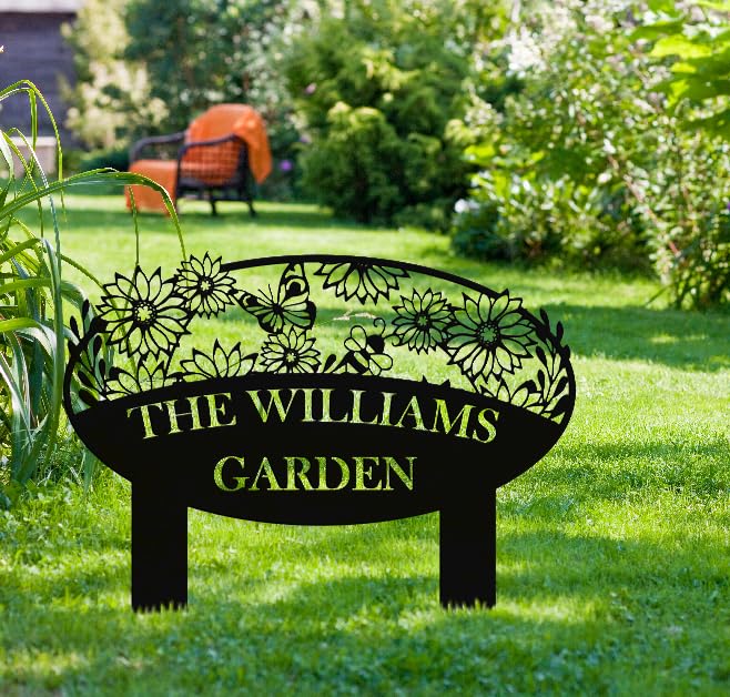 Custom Metal Garden Sign, Flower Sign with Stakes, Personalized Garden Decor for Outside, Garden Family Name Sign, Outdoor Steel Yard Sign, Large Patio Garden Sign Art, Housewarming Gift-Ruum Studio Home