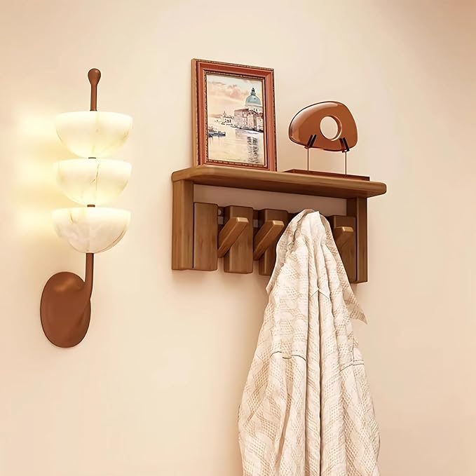 Wall Mounted Piano Key Hanger | Flip Style Hook | Entrance Wall Art Hook, Made of Oak Wood (3 Times Painted, 4 Times Polished) (Tray Walnut, 4Hooks)-Ruum Studio Home