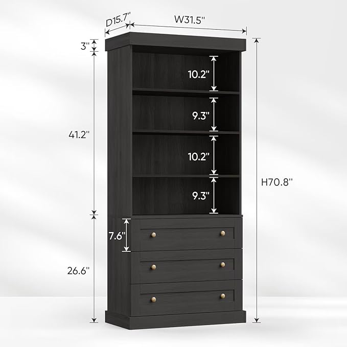 Vyre 71" Tall Farmhouse Bookshelves with Drawers, Large Modular Bookcase with Adjustable Shelves, Storage Cabinet for Living Room, Kitchen, Home Office, Black-Ruum Studio Home