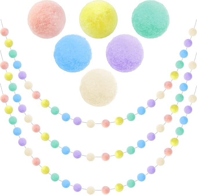 3pk Pastel Pom Pom Garland Easter Decorations Spring Home Decor Indoor Living Room Wall Classroom Xmas Tree, Cute Hanging Rainbow Colorful Felt Ball Garland Baby Shower Wedding Birthday Party Supplies-Ruum Studio Home