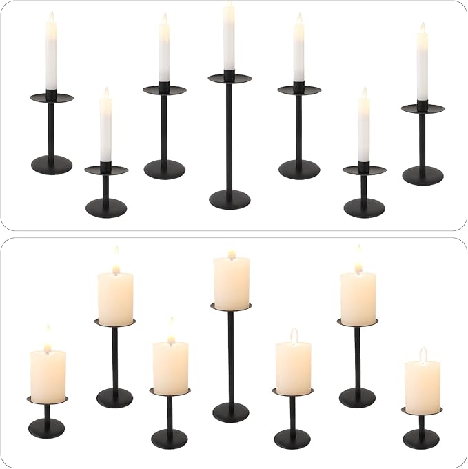 Set of 7 Metal Black Candle Holders, Assemblable Pillar and Taper Candlesticks, Halloween Fall Thanksgiving Day Dining Table Centerpieces Decor, Mantle Fireplace Candle Sticks Decorations-Ruum Studio Home