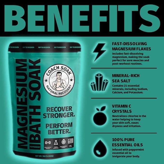 Coach Soak Recovery Bath Soak - Alternative to Epsom Salt Bath Soak - Fast-Absorbing Pure Magnesium Flakes with 21 Minerals, Bath Salts & Essential Oils - 3 lb (1 Pack) - Cooling Peppermint-Ruum Studio Home