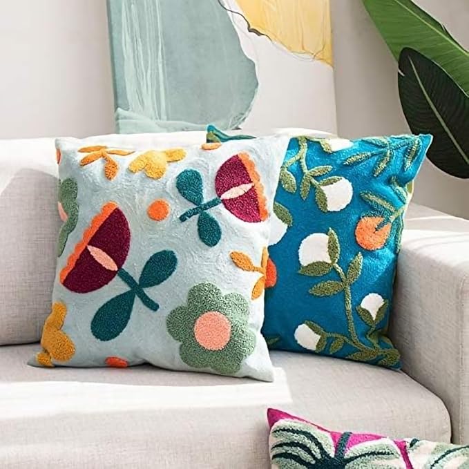 MOCOFO Canvas Embroidered Flower Pillow Case Spring Embroidery Craft Modern Simple Throw Pillow Cover for Sofa,Bedroom,Office (Wild Fruit, 18x18’’)-Ruum Studio Home
