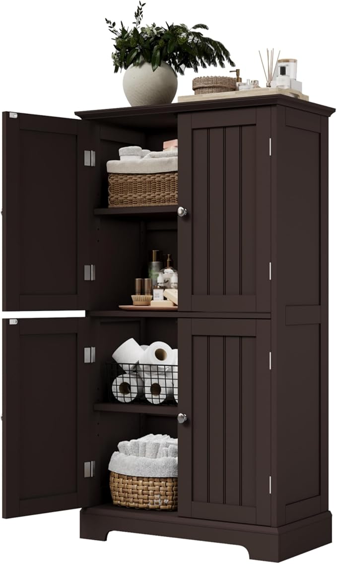 ChooChoo Bathroom Floor Cabinet, Modern Bathroom Storage Cabinet with 4 Doors and Adjustable Shelves, Freestanding Cupboard for Living Room, Espresso-Ruum Studio Home