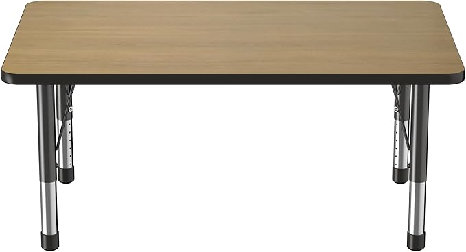 Factory Direct Partners FDP Rectangle (30 x 48 inch) Classroom Table with Adjustable Chunky Toddler Legs (15-24 in); Preschool, Kinder and Daycare Furniture - Pasadena Oak Top/Black Edge and Legs-Ruum Studio Home