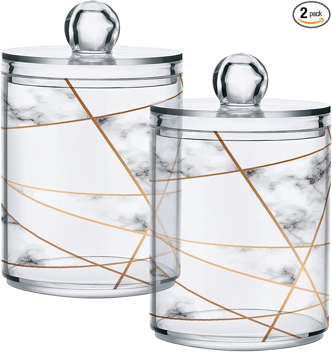 2 Pack Qtip Holder Dispenser White Marble Gold Line Bathroom Storage Canister Lid Acrylic Plastic Apothecary Jar Set Vanity Makeup Organizer for Cotton Swabs/Pads/Floss-Ruum Studio Home