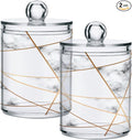 2 Pack Qtip Holder Dispenser White Marble Gold Line Bathroom Storage Canister Lid Acrylic Plastic Apothecary Jar Set Vanity Makeup Organizer for Cotton Swabs/Pads/Floss-Ruum Studio Home
