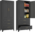 Kitchen Pantry Cabinet, 75" Tall Pantry Cabinet with Three Drawers, Freestanding Food Cupboard with Doors and Shelves, Metal Storage Cabinets for Dining, Living Room, Black, Assembly Required-Ruum Studio Home