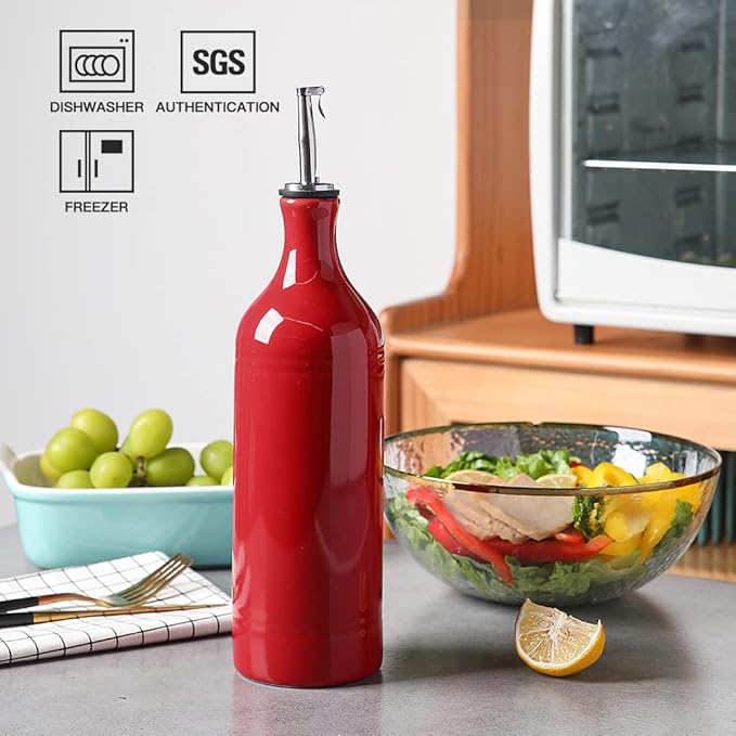 Sweejar Large Ceramic Olive Oil Dispenser Bottle, Opaque Oil Cruet Protects Oil to Reduce Oxidation, Suitable for Storage Oil, Vinegar, Soy Sauce & Other Liquids, Pack of 1, 24 Fl Oz (Red)-Ruum Studio Home