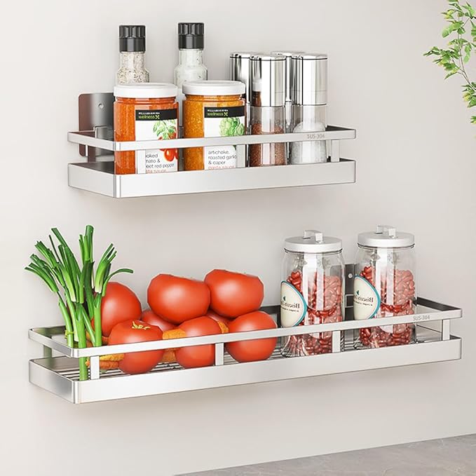 SUS304 Stainless steel Wall Mount Spice Rack Storage Basket - Seasoning Container, Kitchen Spice Organizer -Kitchen Seasoning Hanging Rack - Bathroom Shelf (Silver)-Ruum Studio Home