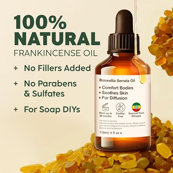 Kukka Frankincense Essential Oil for Face & Skin - 4 Fl Oz - 100% Pure Natural Frankincense Oil Made from Ethiopia Resin - A Holy & Woody Scent for Body Comfort, Aromatherapy & DIY Soap Making-Ruum Studio Home