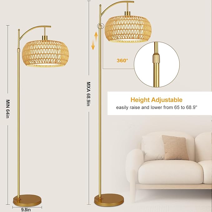 Gold Floor Lamps for Living Room Rattan Boho Floor Lamp with Remote Control,Dimmable Arc Floor Lamp Wicker LampShades Brass Standing Lamp with 3 Color Temperature Tall Floor Lamps For Bedroom Corner-Ruum Studio Home