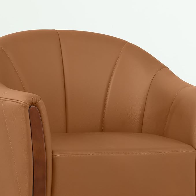 360° Swivel Accent Chair, Modern Leather Barrel Club Chair with Leather Upholstery and Sturdy Wood Base, Comfortable Armchair for Living Room, Bedroom, Reading Nook, Brown-Ruum Studio Home