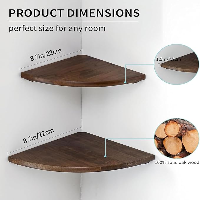 Corner Shelves, Floating Corner Shelf, Set of 2 Solid Oak Wood Wall Shelves, Round End Wall Mount with Wire Hole Shelving for Small Plant for Bedroom Kitchen, Living Room Walnut 8.7”-Ruum Studio Home
