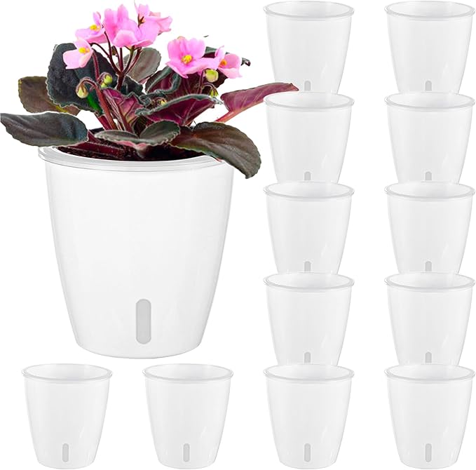 Self-Watering Pots for Indoor Plants, 12-Pack 5'' Self Watering Planter with Drainage Holes, Small African Violet Pots with Water Indicator, Clear Wick Pot, White-Ruum Studio Home