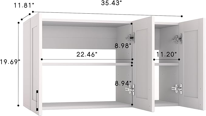 White Laundry Room Cabinets and Storage with 3 Doors and Utility Adjustable Shelf，Gabinetes Para Cocina Cupboard Kitchen Organizers and Storage Pantry Wall Mounted 12.4"D x 35.4"W x 19.7"H-Ruum Studio Home