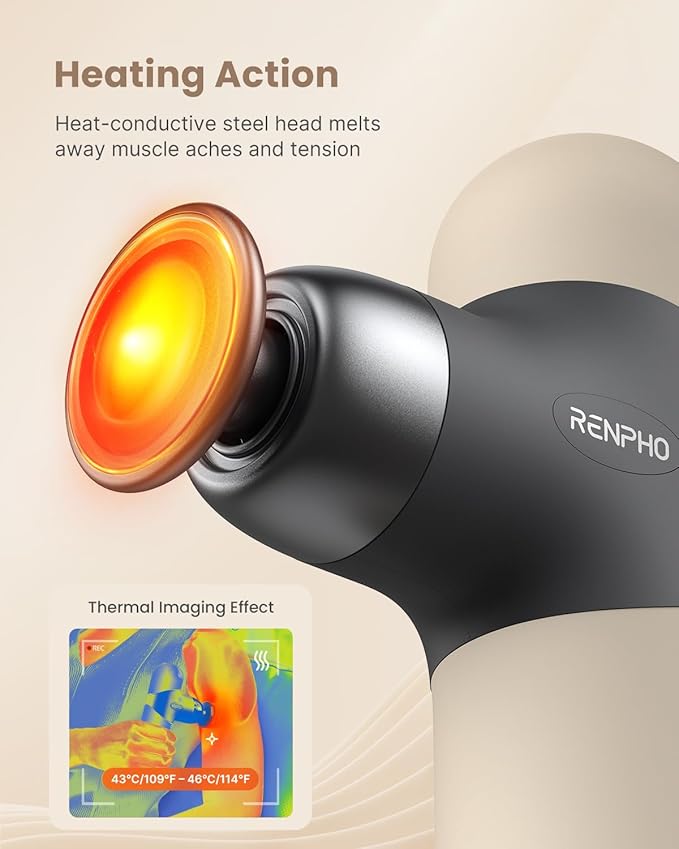 RENPHO Mini Thermal Massage Gun with Heat, Portable Deep Tissue Percussion Massager, Color Silicone Sleeves Travel Size with Carry Case, Grey-Ruum Studio Home