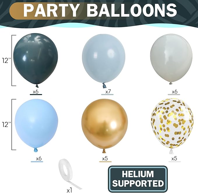 Dusty Blue Balloons 12 Inch Pastel Fog Blue Slate White Sand Metallic Gold Confetti Party Balloons Light Baby Blue White Gold Latex Balloon for Boy Baby Shower Birthday Wedding Party Decoration-Ruum Studio Home