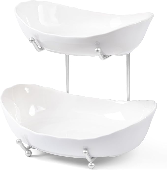 HBlife Fruit Bowl for Kitchen Counter - 2 Tier Ceramic Fruit Bowl with Metal Stand, Tiered Fruit Basket for Kitchen Counter, Serving Platters Serving Trays for Party-Ruum Studio Home