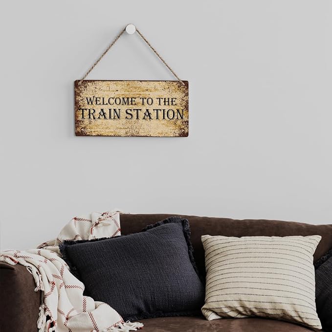 SENJIAN Rustic Train Station Wood Decor Sign, Retro Welcome to the Train Station Printed Wood Sign Wall Art, Hanging Door Sign, Decorative Wood Sign Home Decor 12" x 6"-Ruum Studio Home