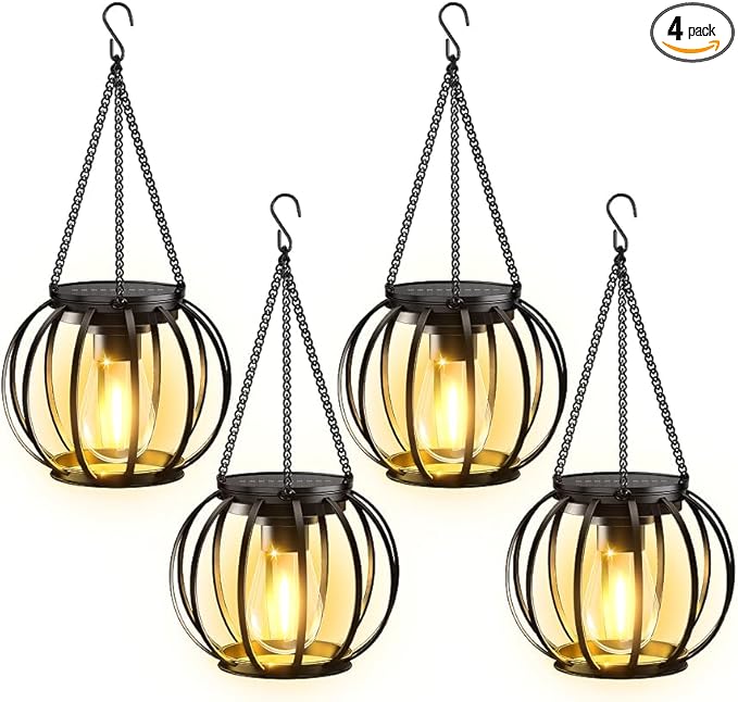 KOOPER Solar Lanterns Outdoor Waterproof, 4 Pack Upgraded Metal Hanging Solar Lights Outdoor Lanterns, Brighter Auto On/Off Outdoor Hanging Lantern for Yard Patio Pathway Porch Garden Decor-Ruum Studio Home