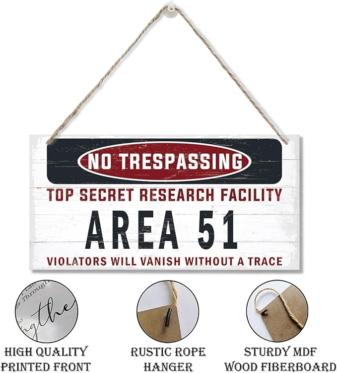 Warning Sign, Area 51 No Trespassing Warning Wood Plaque Sign, Funny Door Signs, Decorative Wood Hanging Suspension Plaque, Farmhouse Wooden Wall Decor-Ruum Studio Home