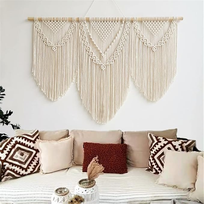 large macrame wall hanging - Boho Tapestry Macrame Wall Decor Art- Chic Bohemian Handmade Woven Tapestry Home Decoration for Bedroom Living Room Apartment Wedding Party - 43"x32" (Beige-Triangle)-Ruum Studio Home