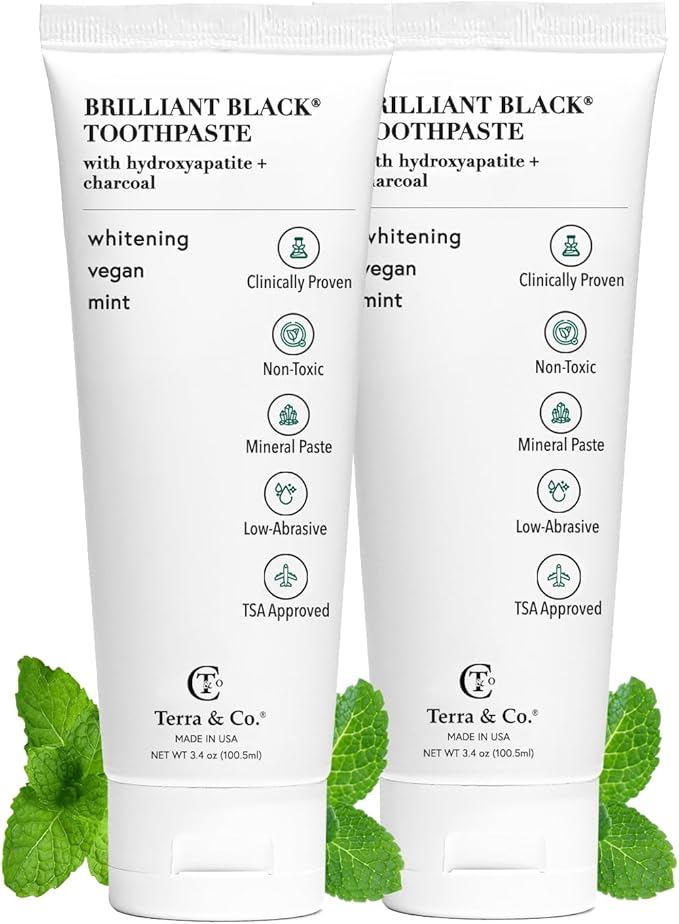 Terra & Co. Brilliant Black Hydroxyapatite Toothpaste for Whitening Teeth – USA-Made - Natural Remineralizing Toothpaste, Fluoride-Free, Vegan, SLS-Free, Low Abrasion – Mint, 3.4 oz-Ruum Studio Home