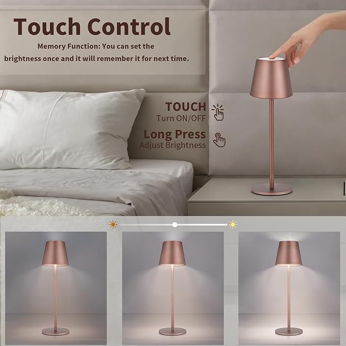Maksone 2 Pack LED Cordless Table Lamp, 6600mWh Rechargeable Battery Desk Lamp, 3000K Stepless Dimming Night Light, IP54 Waterproof Metal Outdoor Portable Lamp for Camping, Restaurant(Brown)-Ruum Studio Home