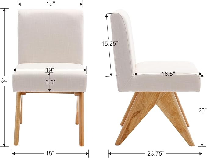 Mid Century Modern Farmhouse Dining Chairs Set of 4, Upholstered Armless Kitchen Chairs with Back and Wooden Legs, Linen Beige-Ruum Studio Home