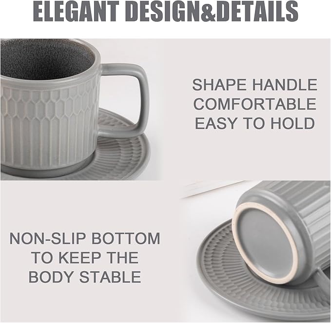 Large Cappuccino Cups with Saucers Set of 4, 8 Ounce Stackable Embossed Ceramic Coffee Mugs for Specialty Coffee Drinks, Latte, Cafe Mocha and Tea, Dishwasher & Microwave Safe (Grey)-Ruum Studio Home