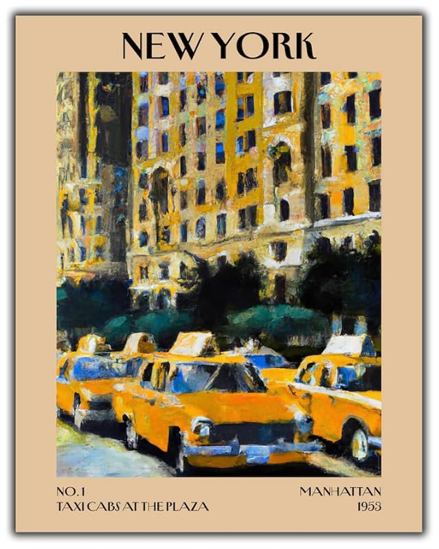 Retro Vintage New York Wall Art Print - 11x14 Unframed Poster - New York City Souvenirs, Cute Trendy Colorful Wall Decor (Taxi Cabs at the Plaza, 11x14")-Ruum Studio Home