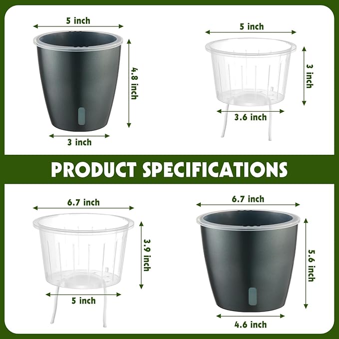 Self Watering Pots for Indoor Plants, 6-Pack 5'' Self Watering Planter with Drainage Holes, Small African Violet Pots with Water Indicator, Clear Wick Orchid Pot, Grey Gold-Ruum Studio Home