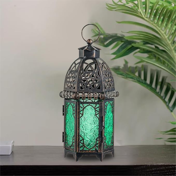 NEEDOMO Hanging Moroccan Lantern, 12.8'' Vintage Candle Holder, Metal Lanterns Decorative Indoor Outdoor, Table, Patio, Porch, Shelf, Gothic Home Decor (Green, Large Size)-Ruum Studio Home