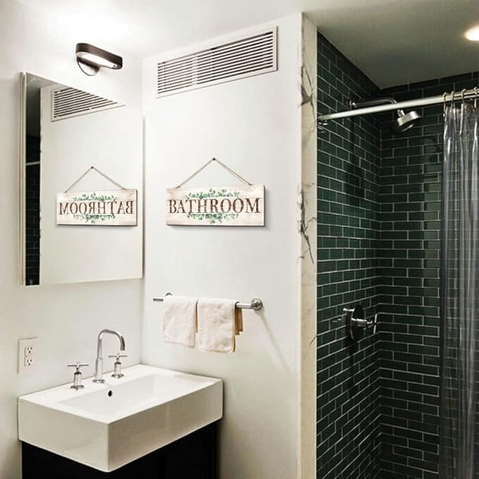 Bathroom Sign Wall Decor, Bathroom Wall Art with Plant Print, Rustic Farmhouse Wall Hanging Plaque Home Kitchen Decorative Bathroom, 4.7 x 13.7 inches-Ruum Studio Home