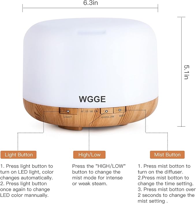 WGGE Essential Oil Diffuser, 500ml Premium Ultrasonic Vaporizer Aromatherapy Diffuser with 7 Color Changing, Timer, and Waterless Auto-Off with Remote Control.-Ruum Studio Home