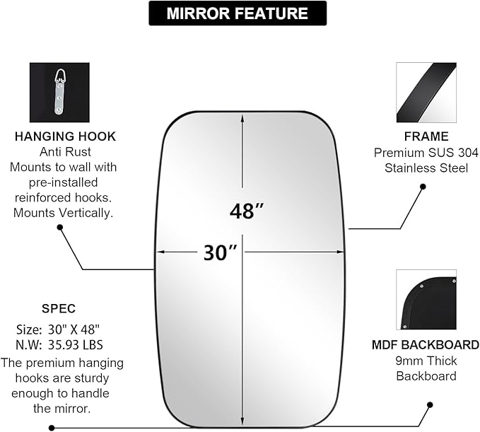 ANDY STAR Oval Mirrors for Bathroom, 30x48’’ Black Oval Mirror for Bathroom, Oblong Mirrors with Black Metal Frame Pill Shaped Mirror Wall Mounted Horizontal or Vertical-Ruum Studio Home