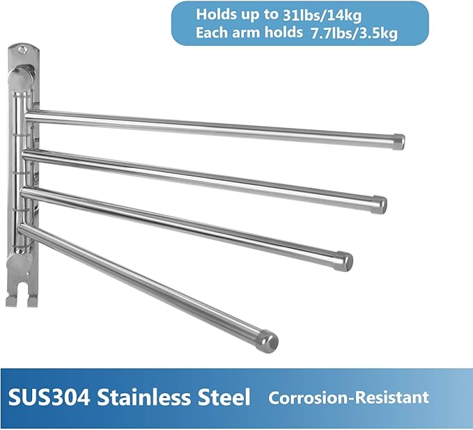 Bathroom Towel Rack JSVER 4 Arms Swivel Towel Holder, Towel Bar Wall Mounted, SUS304 Stainless Steel Space Saving Towel Rack, Towel Racks for Bathroom, Kitchen-Ruum Studio Home