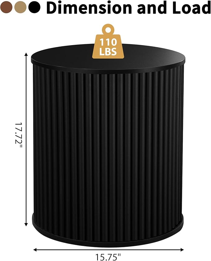 AVZEAR Fluted Round Side Table with Storage, Small Mid Century End Table Fluted Nightstands, Modern Circle Bedside Tables Wood Night Stand for Small Spaces, Living Room, Bedroom (Black)-Ruum Studio Home