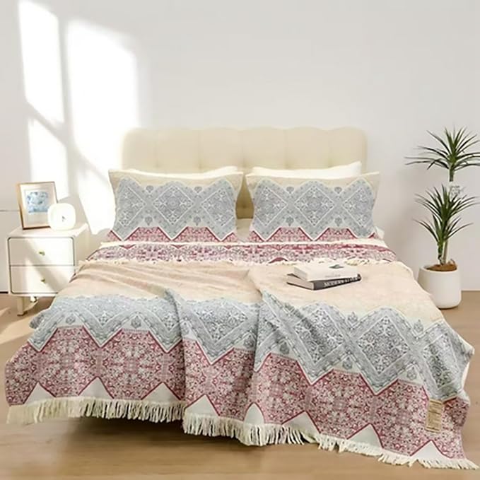 Boho Muslin Blanket for Adults 4-Layer Gauze Twin Size Soft Cozy 100% Cotton Summer Cooling Blanket Floral Decor for Sofa Bed Coverlet Both Sides (Tassels Boho, 80 x 90 in)-Ruum Studio Home