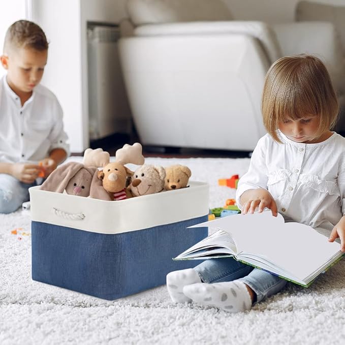 Organization and Storage Bins for Shelves - 2 Pack 17X15X12 inch Canvas Storage Cubes Collapsible Baskets for Organizing with Handles, Storage Box for Cloth Decorative (White & Blue)-Ruum Studio Home