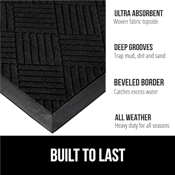 GORILLA GRIP 100% Waterproof All-Season WeatherMax Doormat US Designed Natural Rubber, Stain and Fade Resistant, Low Profile Indoor Outdoor Door Mats, Easy Clean Patio Mat, 17x29, Black Diamond-Ruum Studio Home