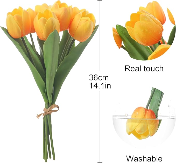 Orange Artificial Tulips, 2 Bundles 14Pcs, Fake Tulips Artificial Flowers, 2 x 2.4 Inch Large Flower Head Big Tulip, Easter Valentine's Day Mother's Day Home Decoration Flowers-Ruum Studio Home