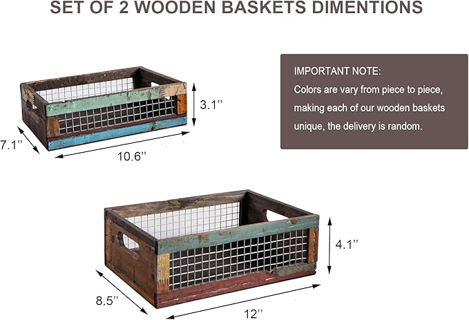 TIMRIS Set of 2 Rustic Wooden Countertop Baskets, Farmhouse Distressed Nesting Boxes, Small Decorative Wooden Storage Crates, Reclaimed Wood Organizer Baskets with Wire Mesh (Random)-Ruum Studio Home