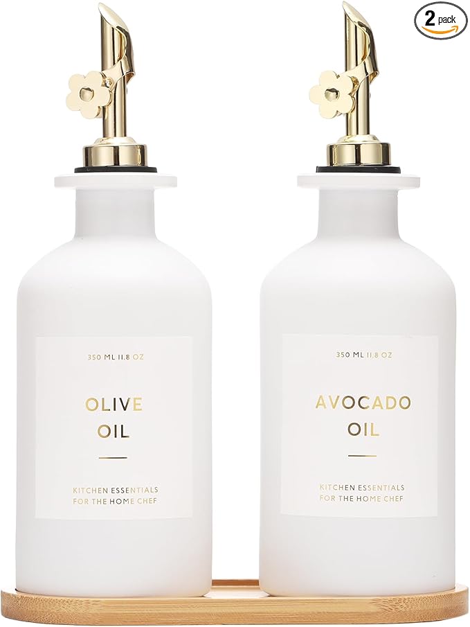 HOMCDALY Olive Oil Dispenser for Kitchen, 11.8oz Glass kitchen Dispenser Bottle, Gold Oil&Vinegar Cruet Set, Leakproof Oil Containers for Cooking| Set of 2 (11.8oz – Gold)-Ruum Studio Home